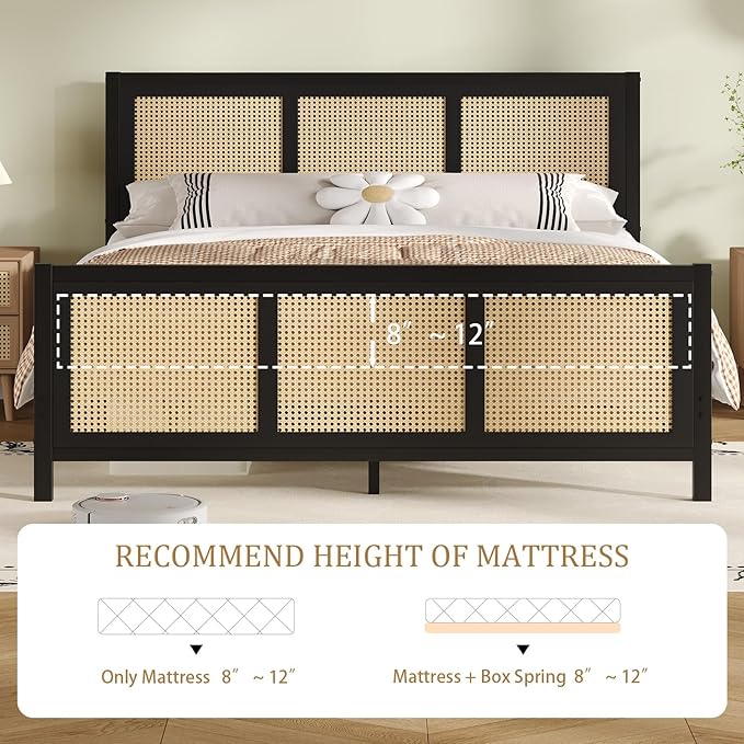Rattan Bed Frame King, Boho King Bed Frame and Headboard, Metal Platform King Size Bed Frames with Strong Slats Support, No Box Spring Needed, Noise Free, Easy Assembly, Black