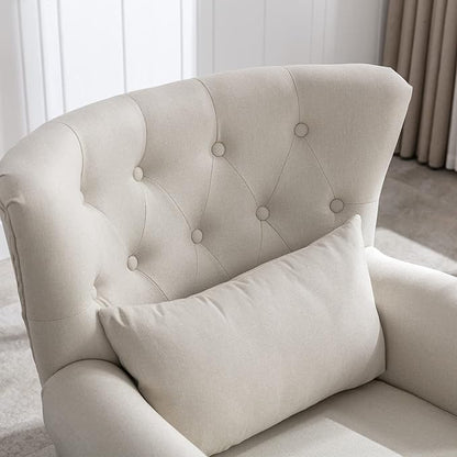 chairus Mid-Century Modern Accent Chairs with Ottoman Set of 2, Comfy Linen Single Sofa Chair Button Tufted Wingback Armchairs with Pillow for Living Room/Bedroom/Club - Beige