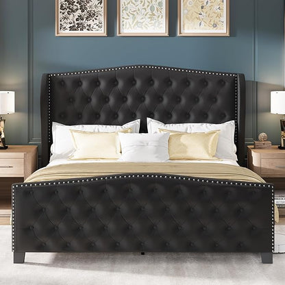 LARMACE Queen Size Bed Frame Velvet Upholstered Platform Bed with Wingback Headboard & Footbaord, Deep Button Tufted Bed Frame with Wood Slats Support, No Box Spring Needed, Black