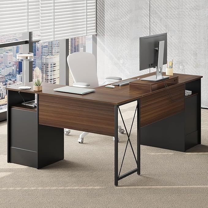Bestier L Shaped Desk with 4 Drawers, 63" x 47" Executive Desk with Open Storage & Monitor Stand, Corner Desk with 2 File Drawers & Modesty Panel for Home Office, Cherry
