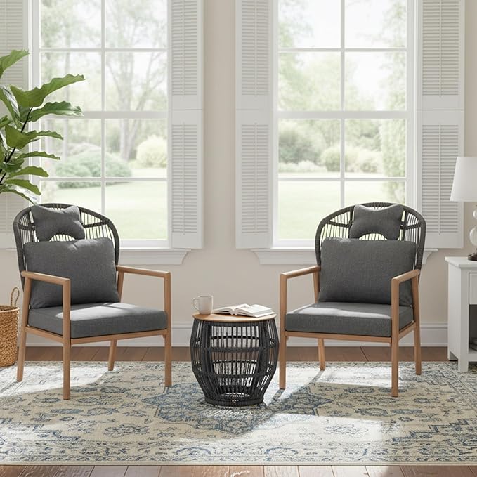 DAYRAUS Living Room Chairs, Accent Chairs Set of 2 with Coffee Table, Rattan Braid Arm Chair, Comfy Reading Lounge Chair, 3 Pieces Living Room Furniture Sets, Bedroom Armchair for Outdoor, Dark Gray