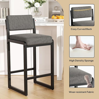 Bar Stools Set of 4, Fabric Counter Height Bar Stools with High Back and Metal Legs, Upholstered Bar Chairs, 26" Modern Barstools for Kitchen Island, Grey