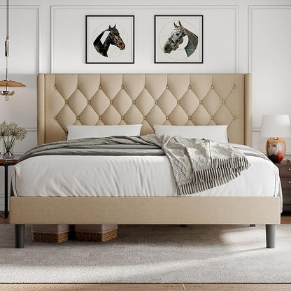 iPormis King Size Platform Bed Frame with Button Tufted Headboard, Upholstered Bed Frame with Solid Wooden Slats, 8" Underbed Space, No Box Spring Needed, Noise Free, Easy Assembly, Beige