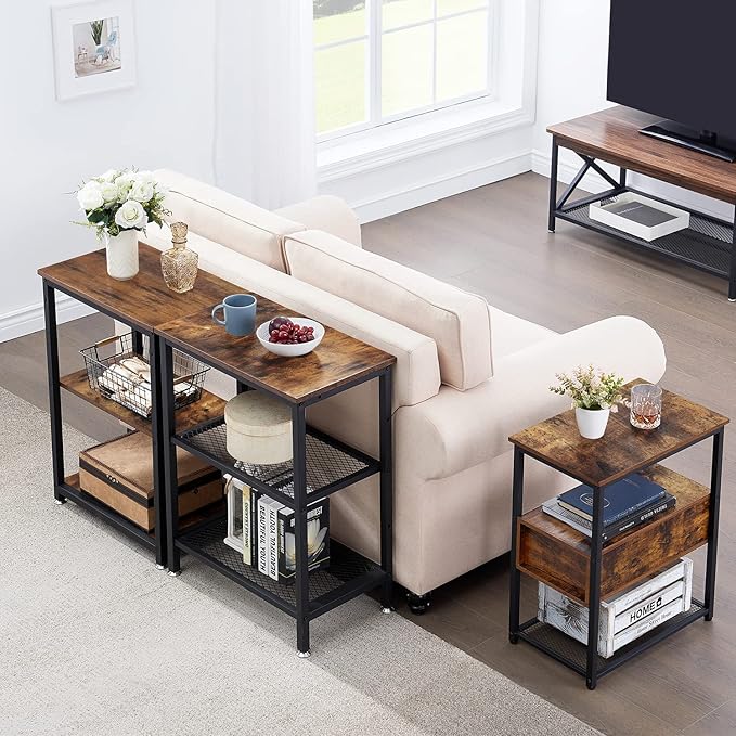 VECELO Tall End Side Tables,30" Height Nightstand with 3-Tier Storage Shelf for Bedroom Living Room, Easy Assembly,Industrial Style, Brown