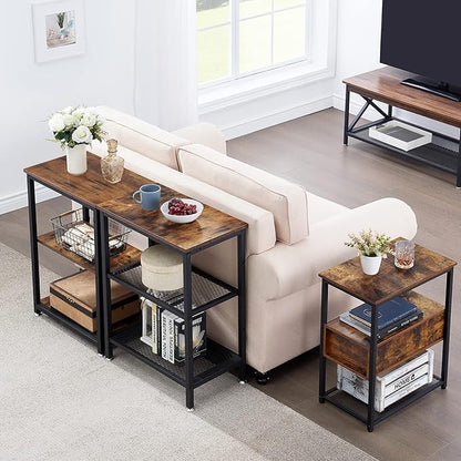 VECELO Tall End Side Tables,30" Height Nightstand with 3-Tier Storage Shelf for Bedroom Living Room, Easy Assembly,Industrial Style, Brown