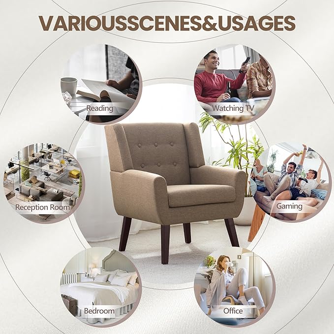 HUIMO Accent Chairs for Living Room,Linen Button-Tufted Upholstered Armchair with Wooden Legs,Comfy Mid Century Modern Chair for Bedroom Apartment Waiting Room Brown
