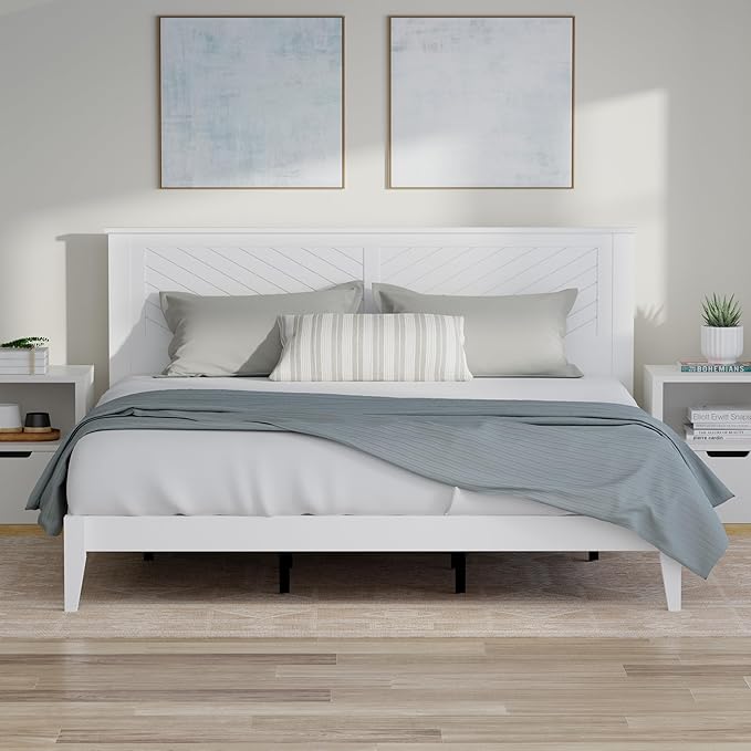 Serene Farmhouse Style Wood Bed in King Size with Chevron Scoring Headboard, Coastal Modern Design, Sturdy, Easy Assembly, Ample Underbed Storage, White Finish