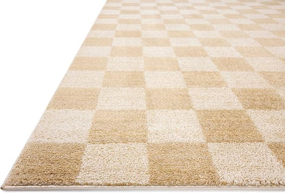 Loloi Chris Loves Julia Calvin Collection CLV-01 Wheat/Ivory 5'-3" x 5'-3" Round Area Rug Checkered Neutral Soft Living Room Bedroom Carpet