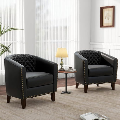 Pia Ricco Faux Leather Barrel Accent Chairs Set of 4, Modern Club Arm Chair Comfy Upholstered Single Sofa Chair with Solid Wood Legs and Nailhead Trim for Living Room/Reading Room, Black