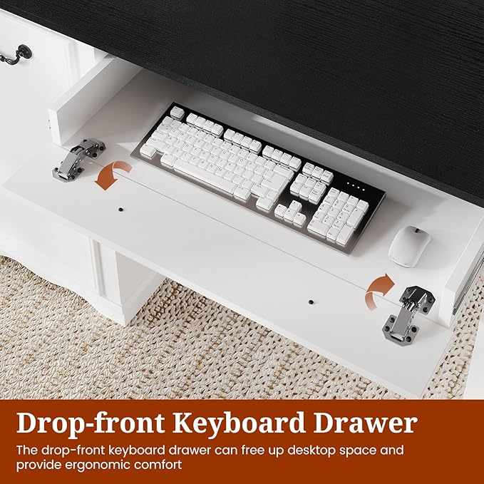 60'' Farmhouse Executive Desk with Drawers, Home Office Desk with Power Outlet & Keyboard Tray, Wood Computer Desk with File Drawer & Slide-Out Storage Shelves, Writing Desk for Work, White