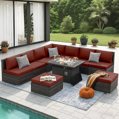NICESOUL Backyard Furniture Set with Firepits Natural Gas/Propane, 9 Seater XL Oversized Wicker Sectional Couches, 29.3'' High Back Comfy Deep Wide Outdoor Patio Sofa Set, 2 Color Cushion Red & Gray