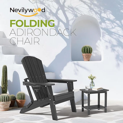 nevilywood Folding Adirondack Chair - Extended Ergonomic Backrest, Cup Holder - Easy Assembly - Durable HDPE Plastic, Weather Resistant & Maintenance-Free - Lawn, Patio, Deck Supports 380lbs Black