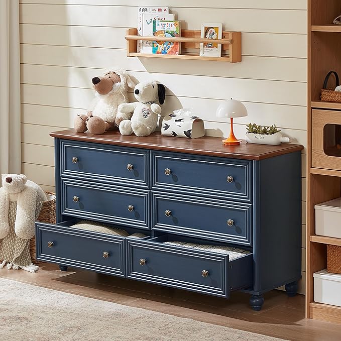 6 Drawers Dresser for Bedroom, Farmhouse 54" Wide Wood Dressers Chest of Drawers, Vintage Design TV Stand, Rustic Storage Dresser Organizer with Metal Handle Closet for Living Room, Hallway