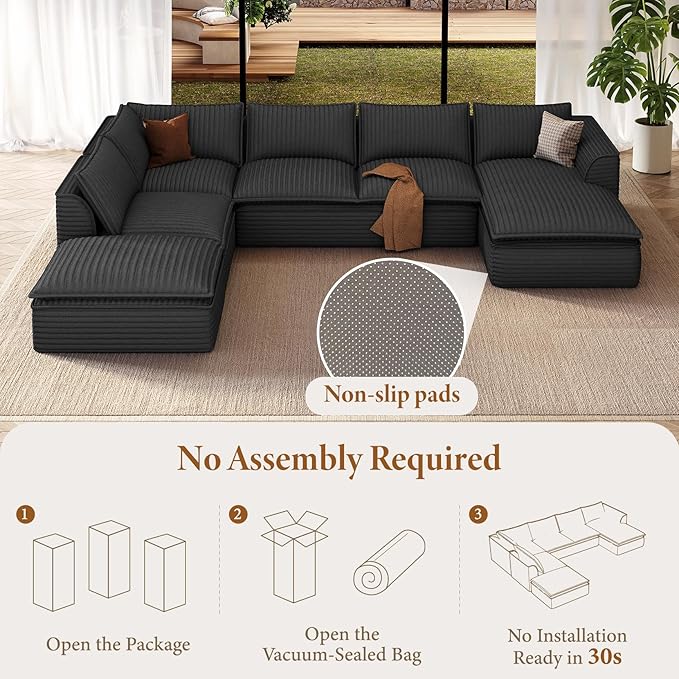 Vesgantti 141.7" Oversized Sectional Boneless Couch, Modern 7 Seater Modular Sofa with Chaise & Ottoman, Deep Seat Plush Corduroy Cloud Couches for Living Room, No Assembly Required, Dark Gray