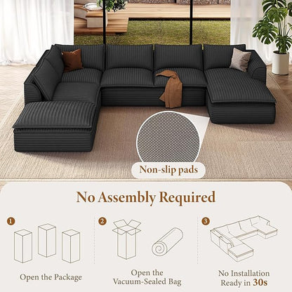 Vesgantti 141.7" Oversized Sectional Boneless Couch, Modern 7 Seater Modular Sofa with Chaise, Deep Seat Convertible Plush Corduroy Cloud Couches for Living Room, No Assembly Required, Dark Gray