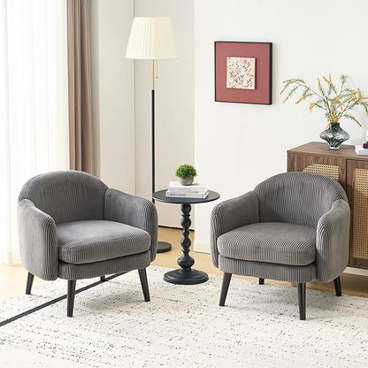 VINGLI 30.3" Wide Modern Barrel Accent Armchairs Set of 2 with Track Armrest, Solid Wooden Legs, Comfy Upholstered Club Chairs, Single Home Sofa for Living Room, Bedroom, Reading Room, Corduroy Grey