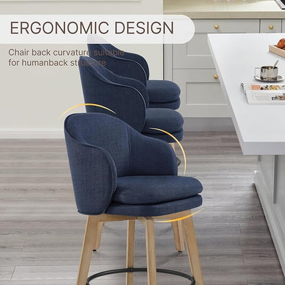 Counter Height Barstools 26 inch Upholstered Swivel Bar Stools with Back and Wood Legs for Kitchen Island,Set of 2,Blue Fabric