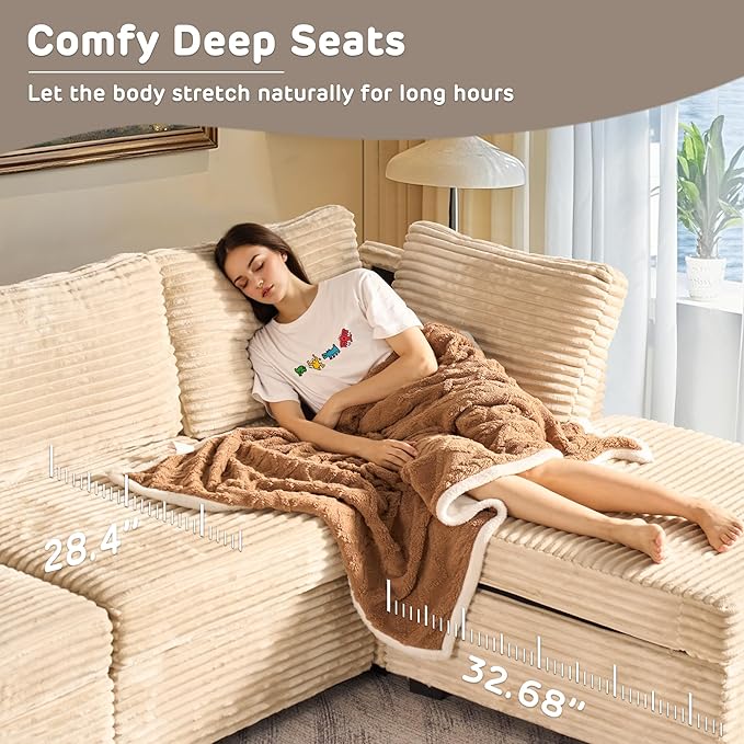 98" Modular Sectional Sofa Set with Swivel Chair, Modern Cloud Couch Plush Corduroy 3 Seater Deep Seat Sofas with Accent Armchair for Living Room Small Space, Beige
