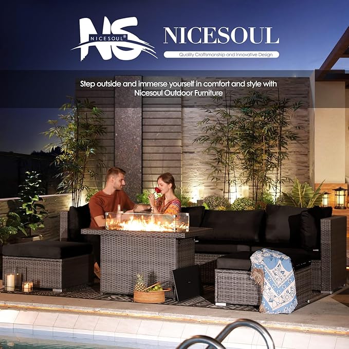 NICESOUL 9 Piece Outdoor Patio Sectional Furniture Set with Firepit Table Natural Gas/Propane, 29.3 High Back Comfy Conversations for Outside, 8 Seats Large Rattan Couch, 2 Color Cushion Black &Grey
