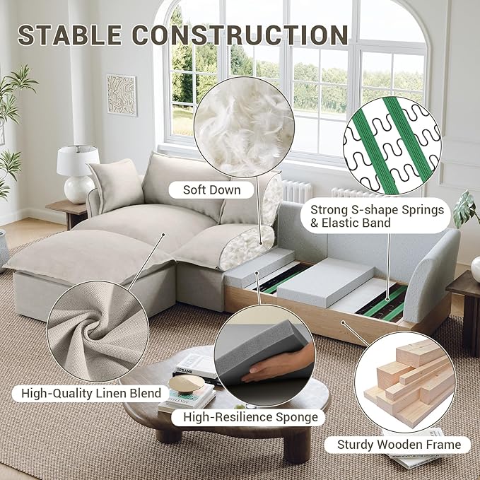 82” Modular Sectional Sofa, Comfy Down Fill Cloud Couch with Movable Ottoman, L Shaped Modular Small Couch with Washable Cover, Sectional Couches for Living Room Small Apartments, Light Gray