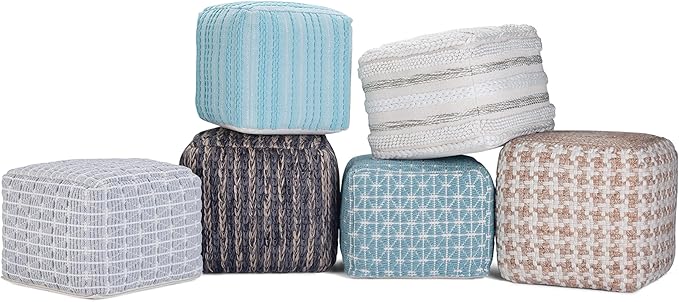 SIMPLIHOME Sommer Boho Square Pouf in Natural Handloom Woven Pattern for the Living Room, Bedroom and Kids Room
