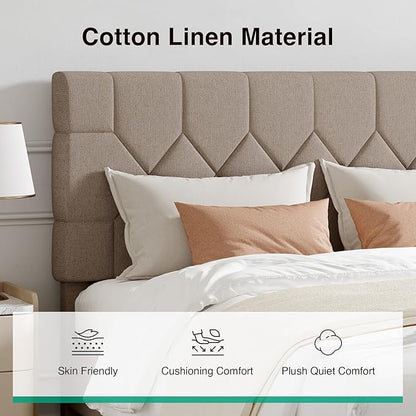 Novilla Queen Bed Frame with Headboard, Bed Frame Queen Size with Wood Slats Support, Linen Upholstered Pull-Point Headboard, No Box Spring Needed, Heavy Duty Feet, Easy Assembly, Beige