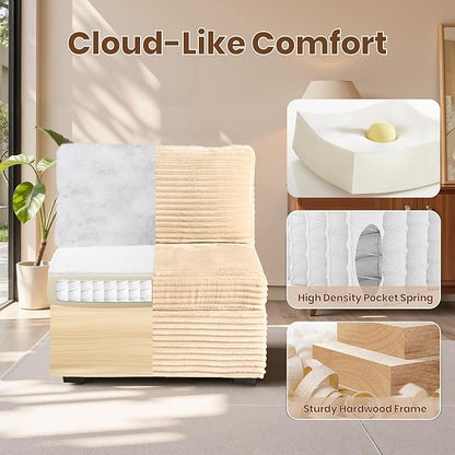 32.7'' Middle Seat for Modular Sectional Sofa, Deep Seat Upholstered Armless Chair Sleeper Sofas, L/U/V Shaped Plush Corduroy Cloud Couch for Living Room Apartment, Beige