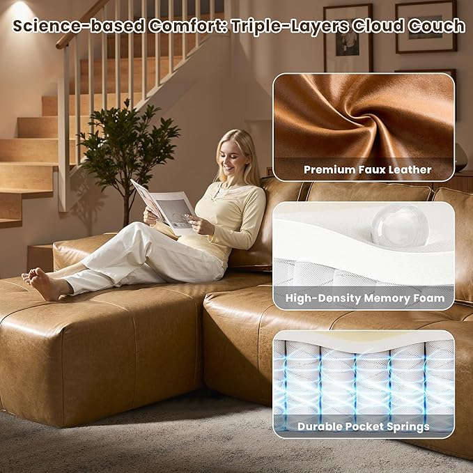 114" Cloud Sectional Couch with L-Shape Chaise & Ottoman, Modern Boneless Couches for Living Room, Fluffy Tufted Deep Seat Modular Sofa No Assembly (Faux Leather,Brown,Left Facing)