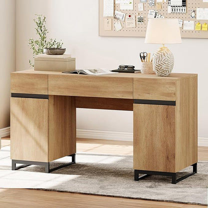 WAMPAT 59" Modern Executive Desk with Drawers, Home Office Computer Desk with Charging Station, File Drawer, Storage Cabinet, Wood Writing Desk for Work and Study, Oak