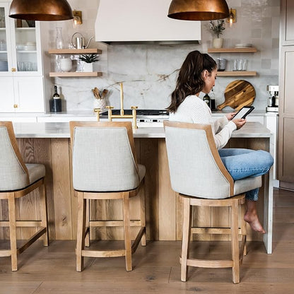 Maven Lane Vienna Counter Stools 26 Inches – Set of 3 – Swivel Stools with Footrests – Brown Solid Wood and Natural Fabric Upholstery – Ideal for Kitchen Islands and Counters