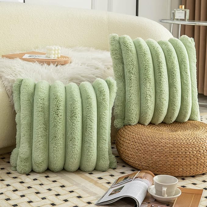 Neelvin Green Faux Fur Cozy Soft Striped Decorative Throw Pillow Covers 16x16 inch Set of 2,Velvet Pillowcase Cushion Case for Sofa Couch