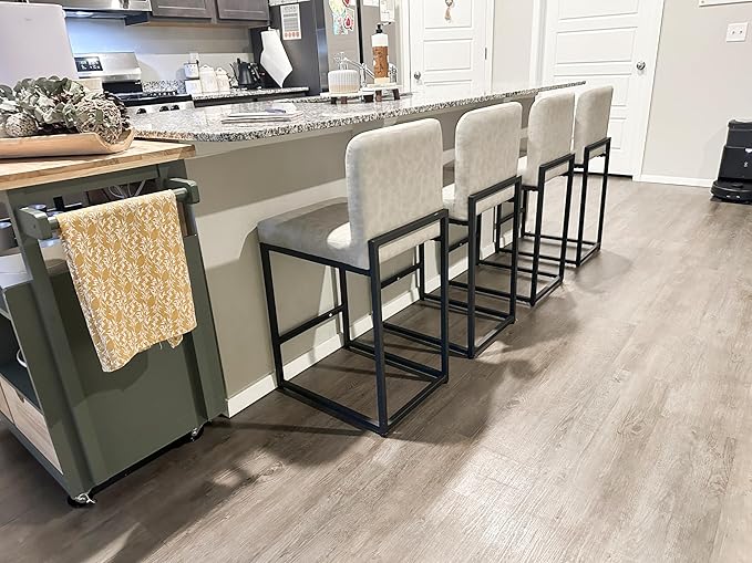 Alpha Home 24 Inch Bar Stools Set of 4, Kitchen Counter Stools with Backs, PU Leather Barstools, Kitchen Stools with Back&Upholstered Footrest, Sturdy Chromed Metal Steel Frame, Light Gray