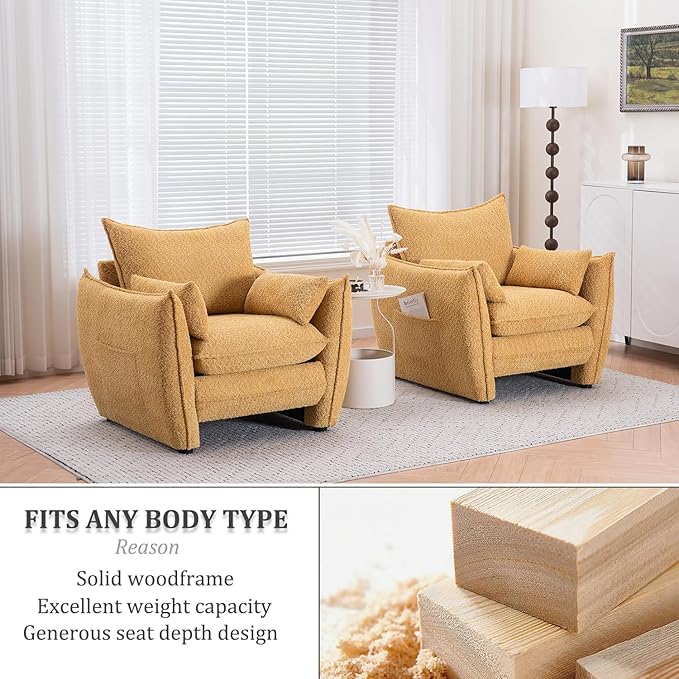 Chenille Oversized Accent Chairs, Modern Oversized Armchair with Removable Pillow, Comfy Living Room Chair with Side Pocket Storage for Bedroom, Office, Yellow