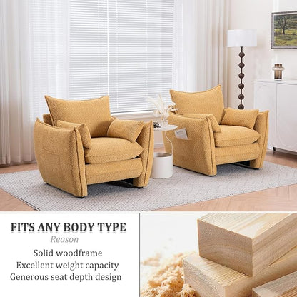 Chenille Oversized Accent Chairs, Modern Oversized Armchair with Removable Pillow, Comfy Living Room Chair with Side Pocket Storage for Bedroom, Office, Yellow