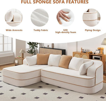 Cloud Sectional Sofa Modern Boneless Couch for Living Room, Comfy Deep Seat Comfy Teddy Fabric Double Sofa Chaise No Assembly Required (White, 106" L Shape with Left Facing)
