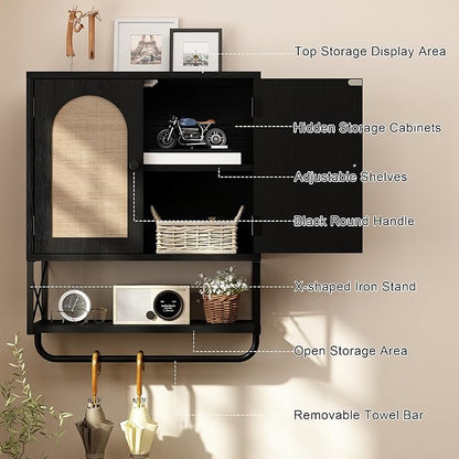 RUSTOWN Rattan Bathroom Wall Cabinet, Boho Over The Toilet Storage Cabinet with Arched Rattan Doors, Modern Medicine Cabinet with Adjustable Shelves & Towel Bar (Black, Medium)