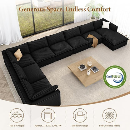 Vesgantti 204.7" Oversized Sectional Boneless Couch, Modern 9 Seater Modular Sofa with Chaise, Deep Seat Convertible Plush Corduroy Cloud Couches for Living Room, No Assembly Required, Black