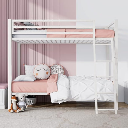 SHA CERLIN Loft Bunk Bed Twin Over Twin Size with Ladder and Guardrail,Heavy Duty Metal Slats Support No Box Spring Needed Small Space Saving Furniture for Bedroom Dorm,White