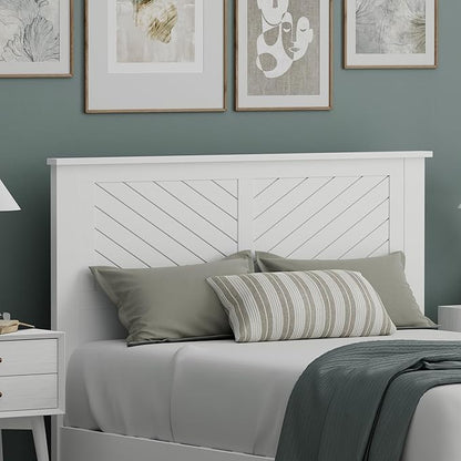 Serene Poplar Wood Full Size Headboard in White, Modern Farmhouse Panel with Chevron Scoring, Casual Coastal Style, Easy Assembly, Quality Materials