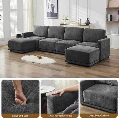 143.8" Modular Sectional Sofa Modern Chenille U-Shaped Couch with Thickened Seat Cushions, Easy Assembly, Upholstered 6 Seater Couch with 2 Movable Ottomans for Living Room, Grey
