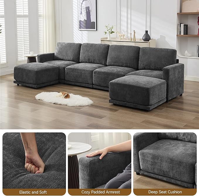 110.6" L-Shaped Modular Sectional Sofa Modern Chenille Comfy Couch with Thickened Seat Cushions, Easy Assembly, Upholstered 4 Seater Couch with Movable Ottoman for Living Room, Grey