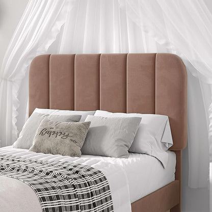 VECELO Twin Size Bed Frame with Upholstered Headboard, Velvet Platform Bedframe Mattress Foundation, Strong Wood Slat Support, No Box Spring Needed,Warm Brown