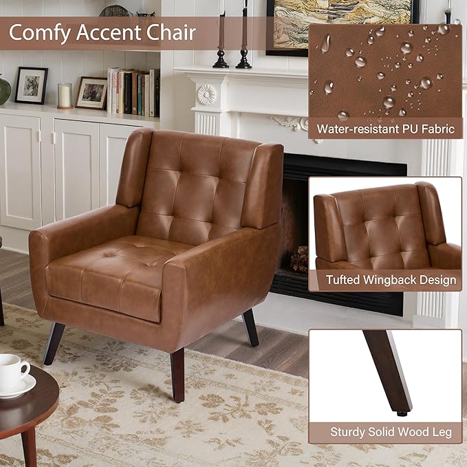 Faux Leather Accent Chairs Set of 2, Mid-Century Modern Upholstered Armchair, Comfy Living Room Chairs Reading Chairs with Button Tufted Back & Solid Wood Legs for Bedroom, Office, Coffee