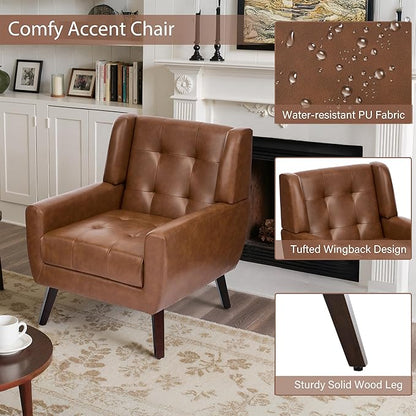 Faux Leather Accent Chairs Set of 2, Mid-Century Modern Upholstered Armchair, Comfy Living Room Chairs Reading Chairs with Button Tufted Back & Solid Wood Legs for Bedroom, Office, Coffee