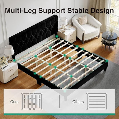 Novilla King Size Bed Frame, King Bed Frame and Headboard, Velvet Upholstered Pull-Point Bed Frames, No Box Spring Needed, Heavy Duty Feet, Easy Assembly, Black Velvet