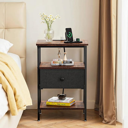 VECELO Night Stand with Charging Station, End Tables with Open Storage Shelf, Bed Side Tables with Fabric Drawers for Bedroom,Living Room,Rustic Brown