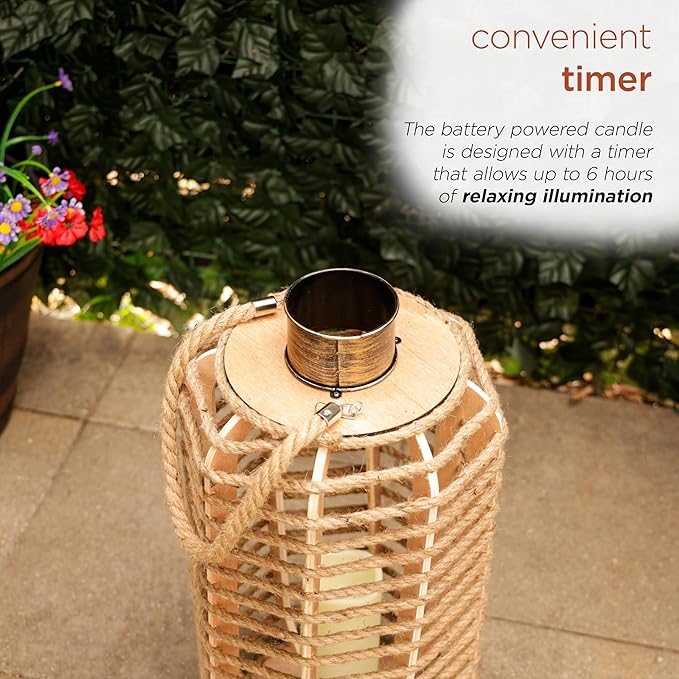 Alpine Corporation SKY392TM 28" H, Hemp Rope Wooden Lantern with Flickering LED Lights, Garden Decor for Patio, Lawn, and Yard
