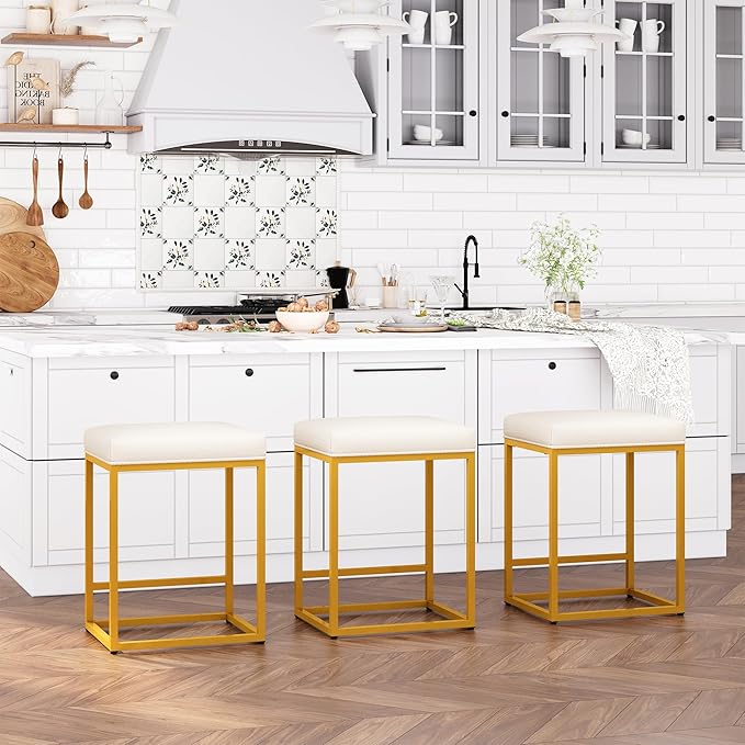 ALPHA HOME 24 Inch Counter Height Bar Stools Set of 3, Upholstered Bar Stools for Kitchen Island, Counter Stools with Faux Leather Cushion and Sturdy Metal Frame, Modern Barstools, White and Gold
