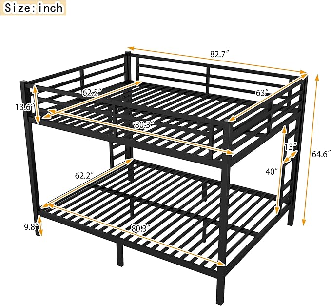 Bellemave Queen Over Queen Bunk Bed for Adults, Queen Size Bunk Beds Frame with 2 Side Ladder and Full Length Guardrail, Easy Assemble Bunkbeds, Noise Reduced, Mattress Not Included, Black