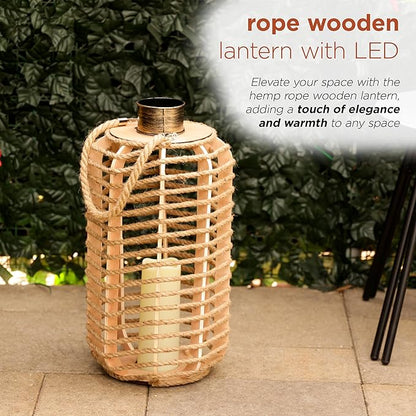 Alpine Corporation SKY392TM 28" H, Hemp Rope Wooden Lantern with Flickering LED Lights, Garden Decor for Patio, Lawn, and Yard